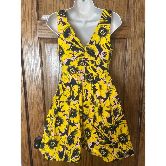 J. Crew Womens Floral Yellow & Black Dress 0P Fit and Flare Vibrant Elegant - Picture 3 of 11